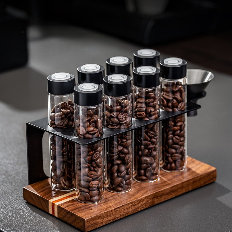 Commercial Kitchen Shed - JUSTINLAU ガラス製コーヒー豆保存容器 気密1方向バルブ付き 木製ディスプレイラック ファンネル付き 木製キッチンオーガナイザー