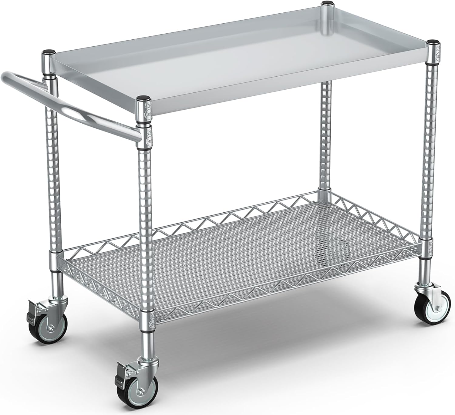 Commercial Kitchen Warehouse - 2段式シルバーメタル製ローリングユーティリティ収納カート、奥行き25インチ×幅45インチ×高さ40インチ、頑丈なホイール付き業務用サービストロリー（ハンドル付き）、倉庫、ガレージ、キッチン用大型ツールカート